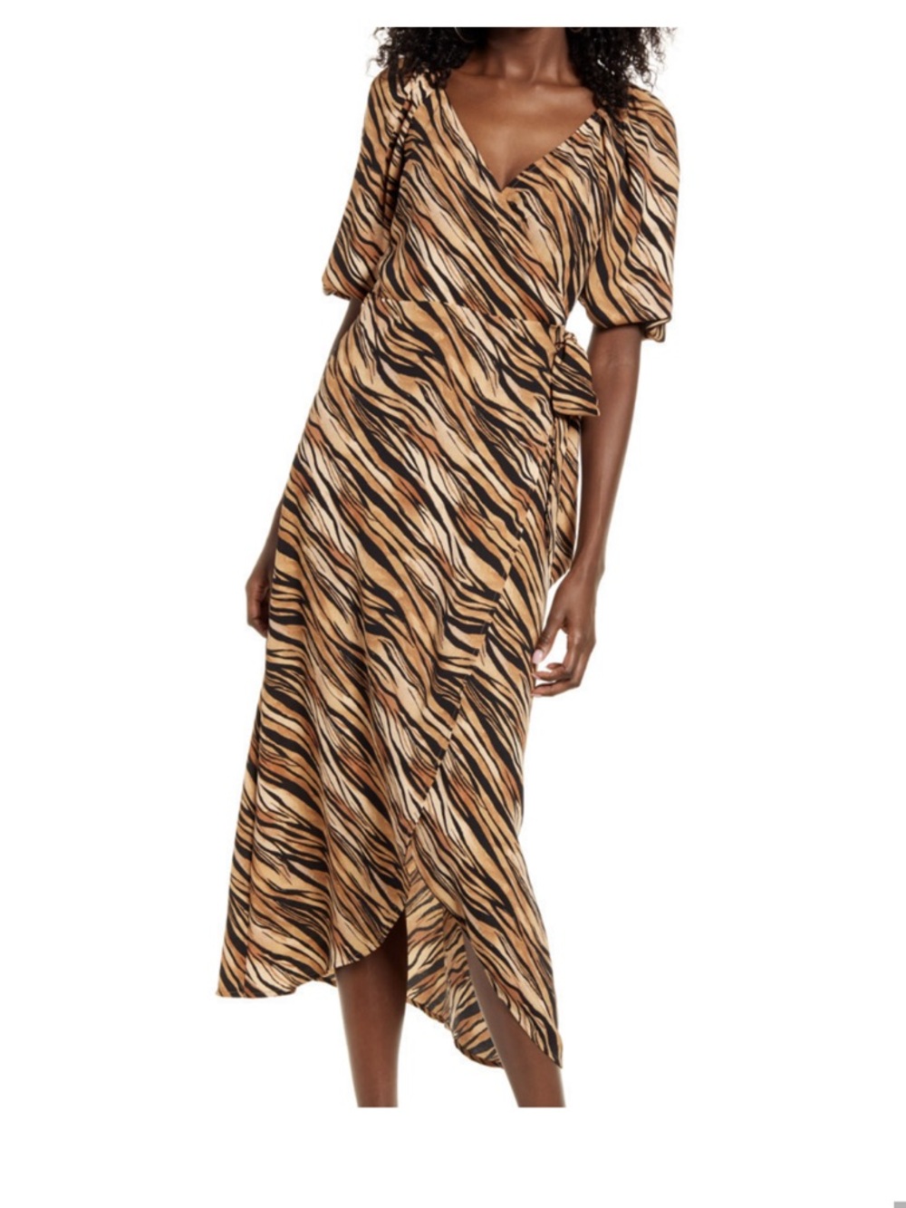 Leith Tan and Black Zebra-Print Puff Sleeve Midi Wrap Dress Nordstrom